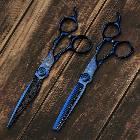 Ame Whisper - Tijeras de peluquería profesionales de 6" para diestros de acero damasco azul japonés