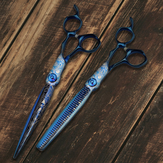 Renzo Style - Tijeras de peluquería profesionales de 7" para diestros de acero damasco azul japonés